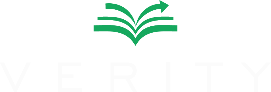 VerityLogo-white Green stylized open book with an upward arrow above the word "VERITY" in light text on a transparent background.